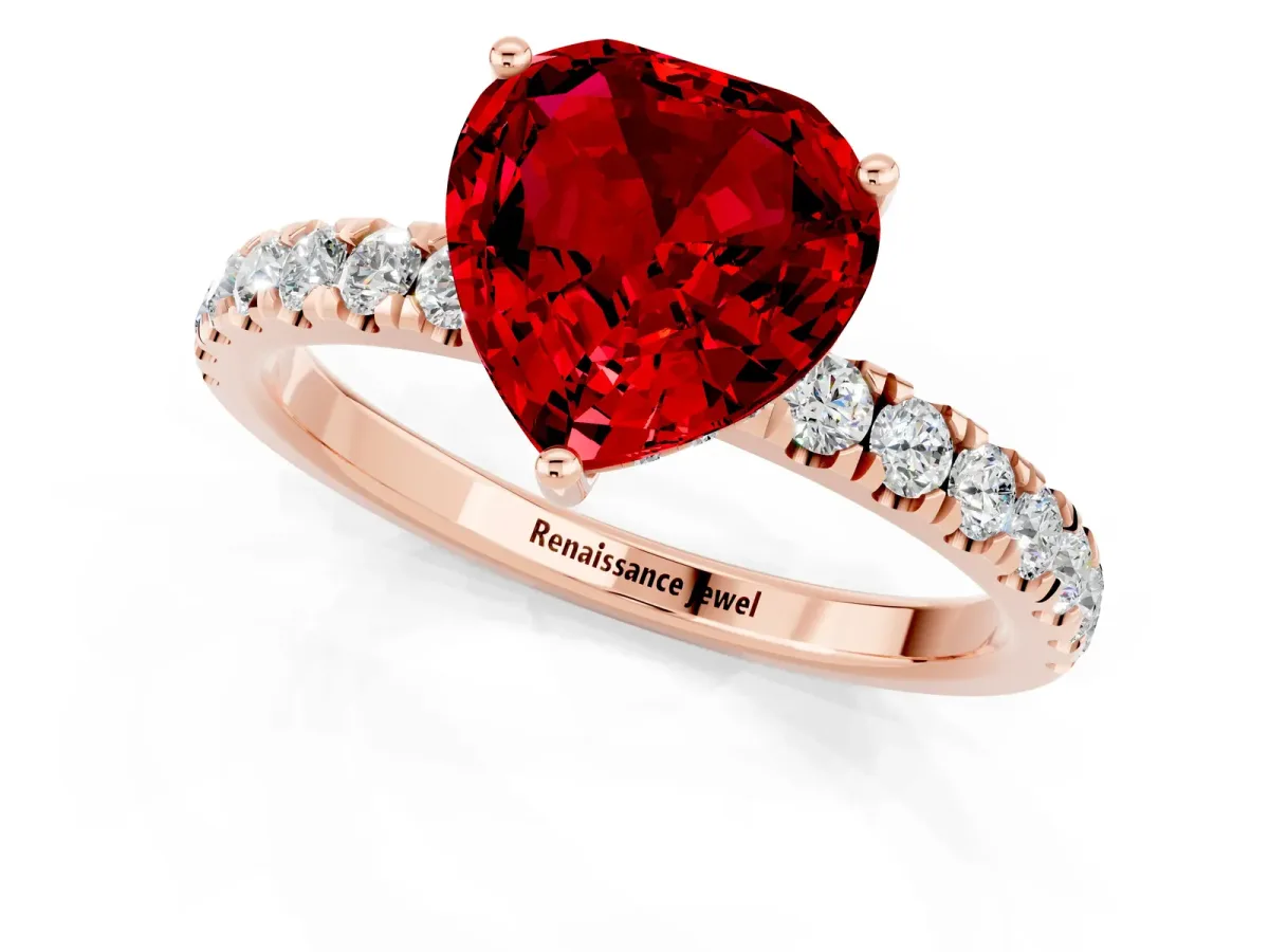 Heart Cut Ruby Pave Band Solitaire Ring with Round and Prong Setting Rose gold