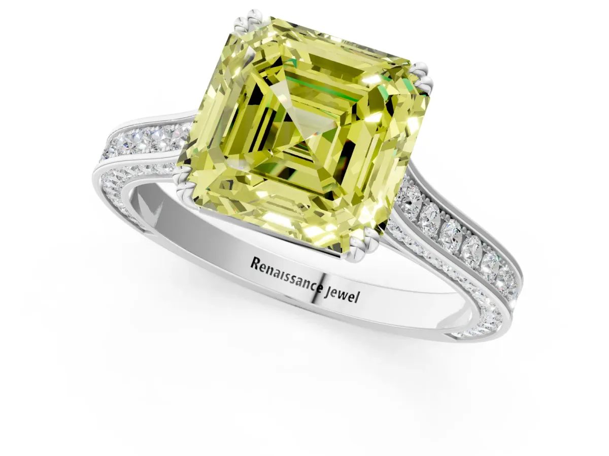 Fancy Yellow Asscher Cut Diamond Solitaire with Pave Band and Six-Prong Setting Platinum