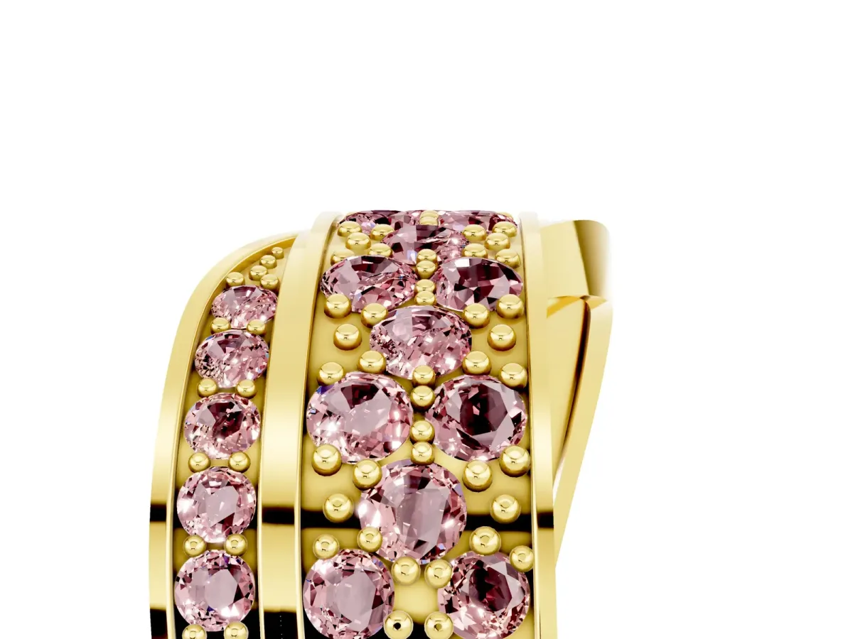 Pavé Round Morganite Crossover Band with Bead Prong Setting Yellow gold