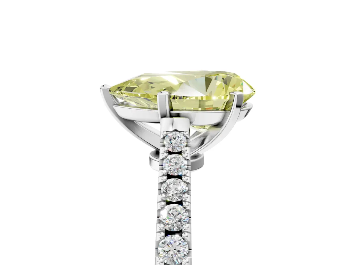 Fancy Yellow Pear Cut Cut Solitaire Diamond Engagement Ring with Pave Band and Four-Prong Setting Silver