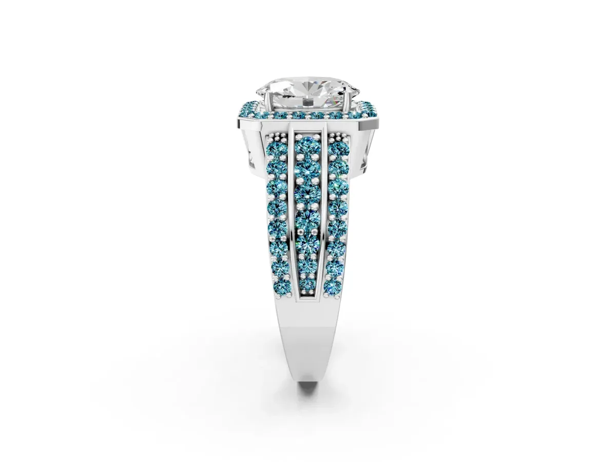 Oval Cut Halo Diamond Ring with Round Blue Topaz Split Shank and Prong Setting Platinum