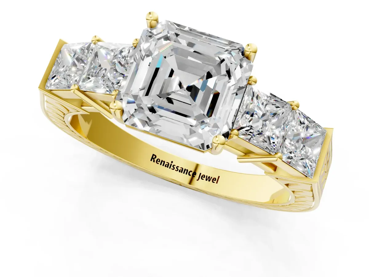 Asscher Cut Solitaire Princess Side Stone Engraved Band Prong Setting Ring Yellow gold