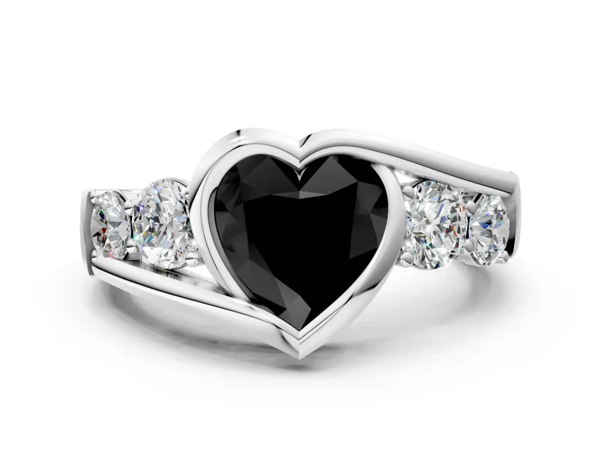 Fancy Black Bezel Set Heart Cut Diamond Bypass Ring with Round Accents Silver