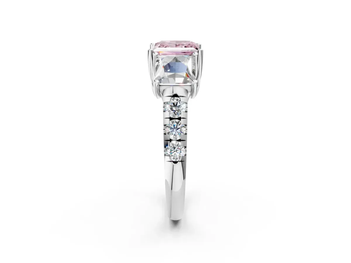 Fancy Pink Three-Stone Princess Cut Diamond Pavé Band with Prong Setting Platinum