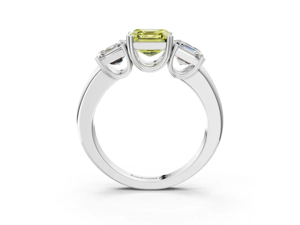 Fancy Yellow Three-Stone Asscher Cut Cut Diamond Ring with Channel Set Band and Four-Prong Setting Silver
