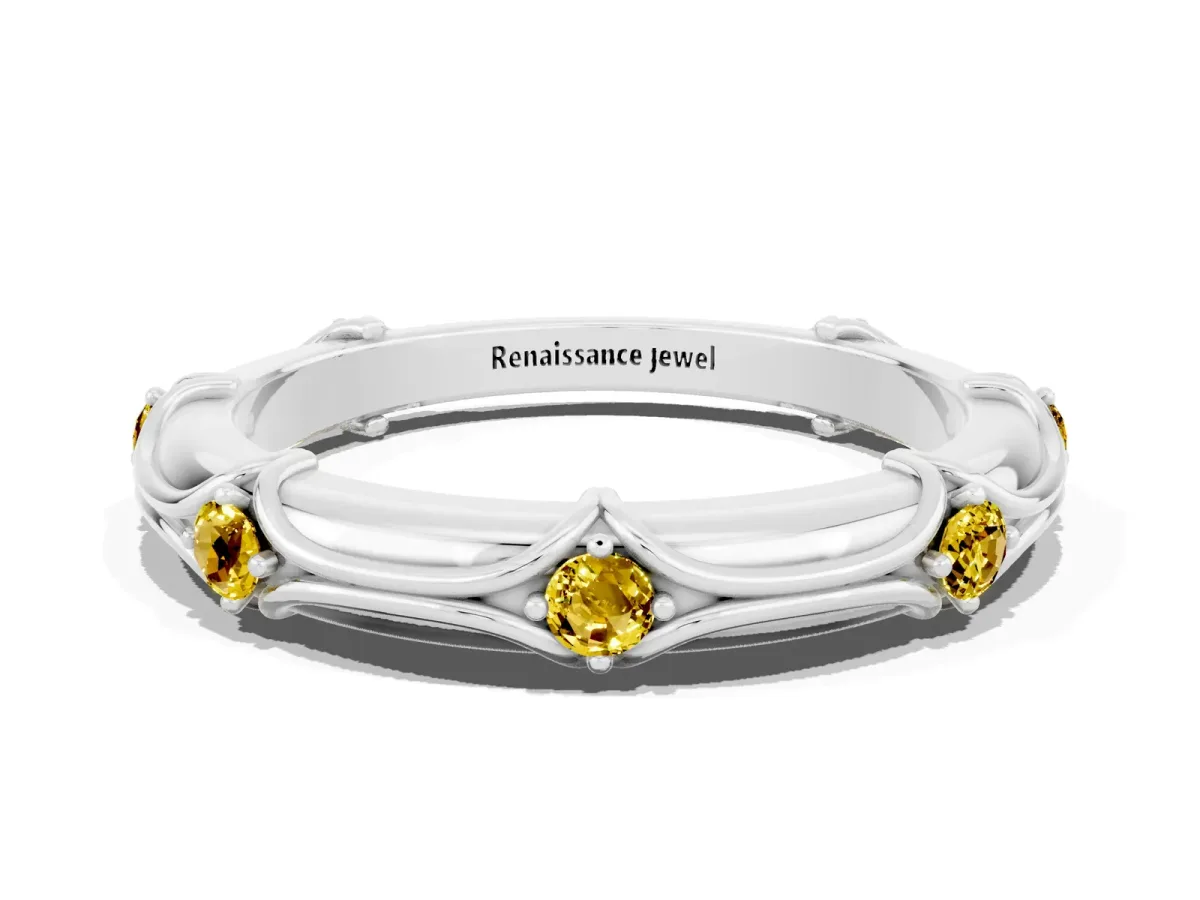 Round Yellow Sapphire Prong Set Milgrain Eternity Band Silver