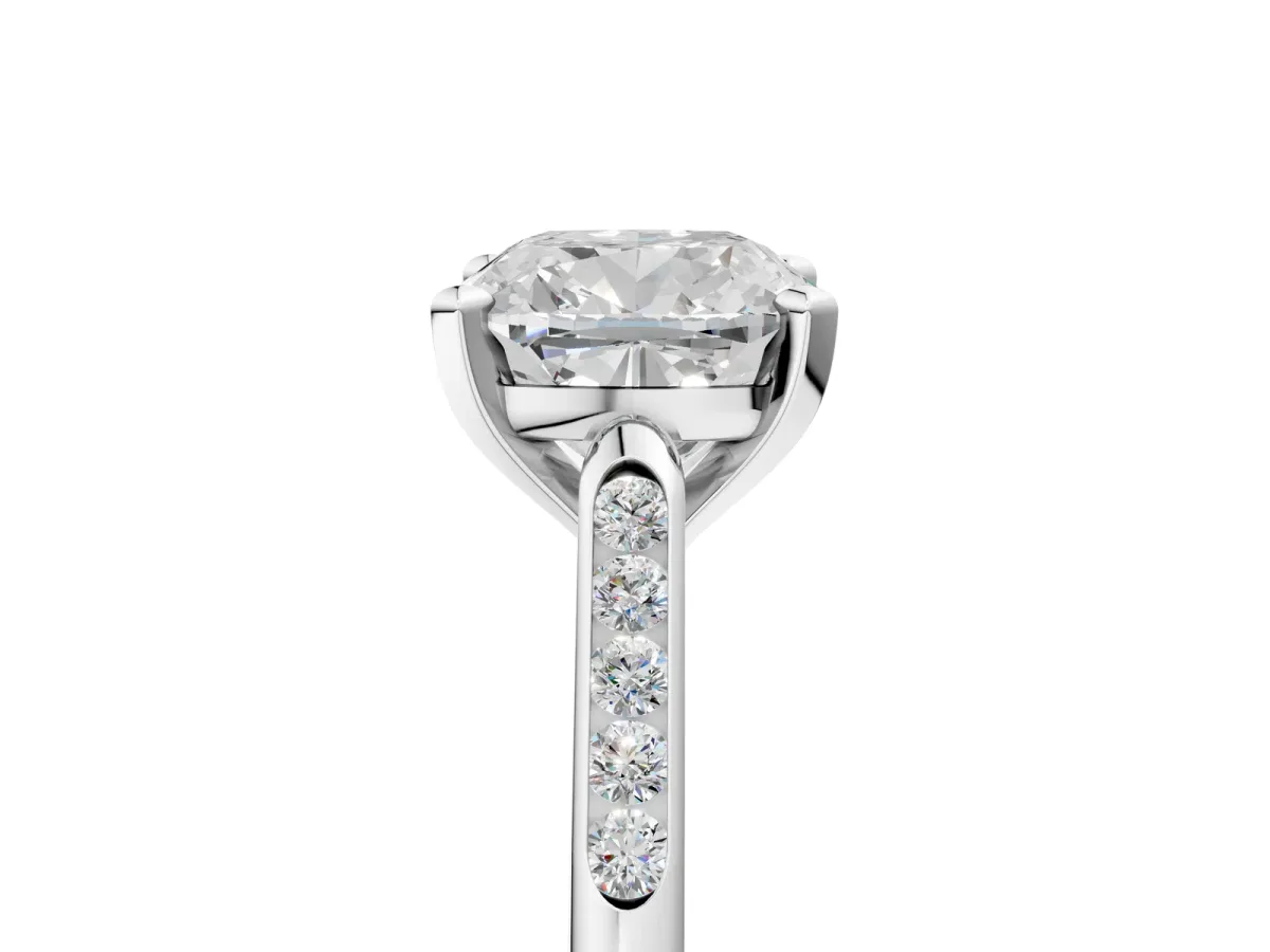 Cushion Cut Diamond Solitaire Ring with Channel Set Round Band and Prong Setting Silver