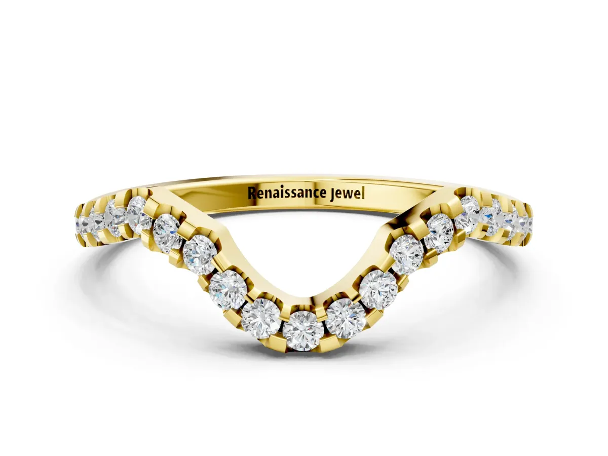 Round Diamond Pavé Chevron Wedding Band with Prong Setting Yellow gold