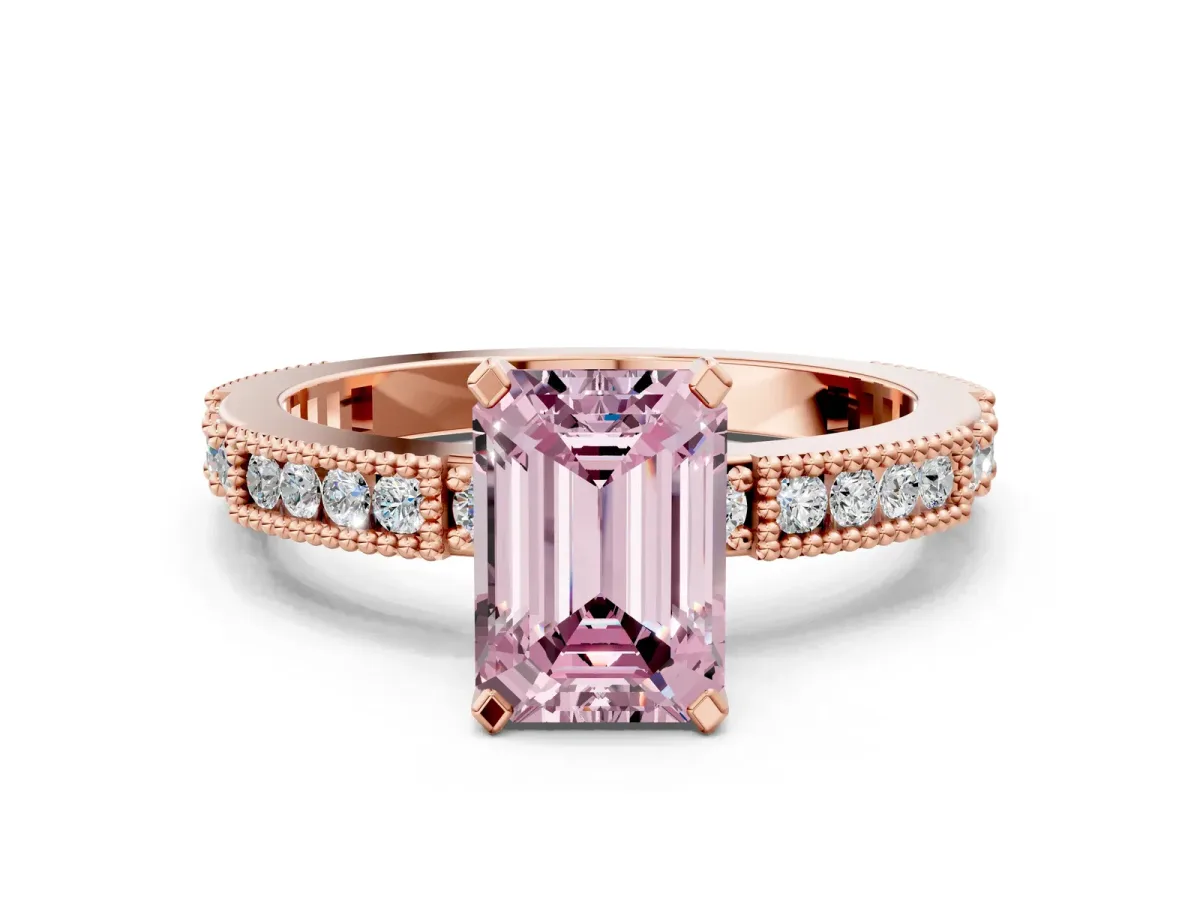 Fancy Pink Emerald Cut Solitaire with Pavé Band and Four-Prong Setting Rose gold