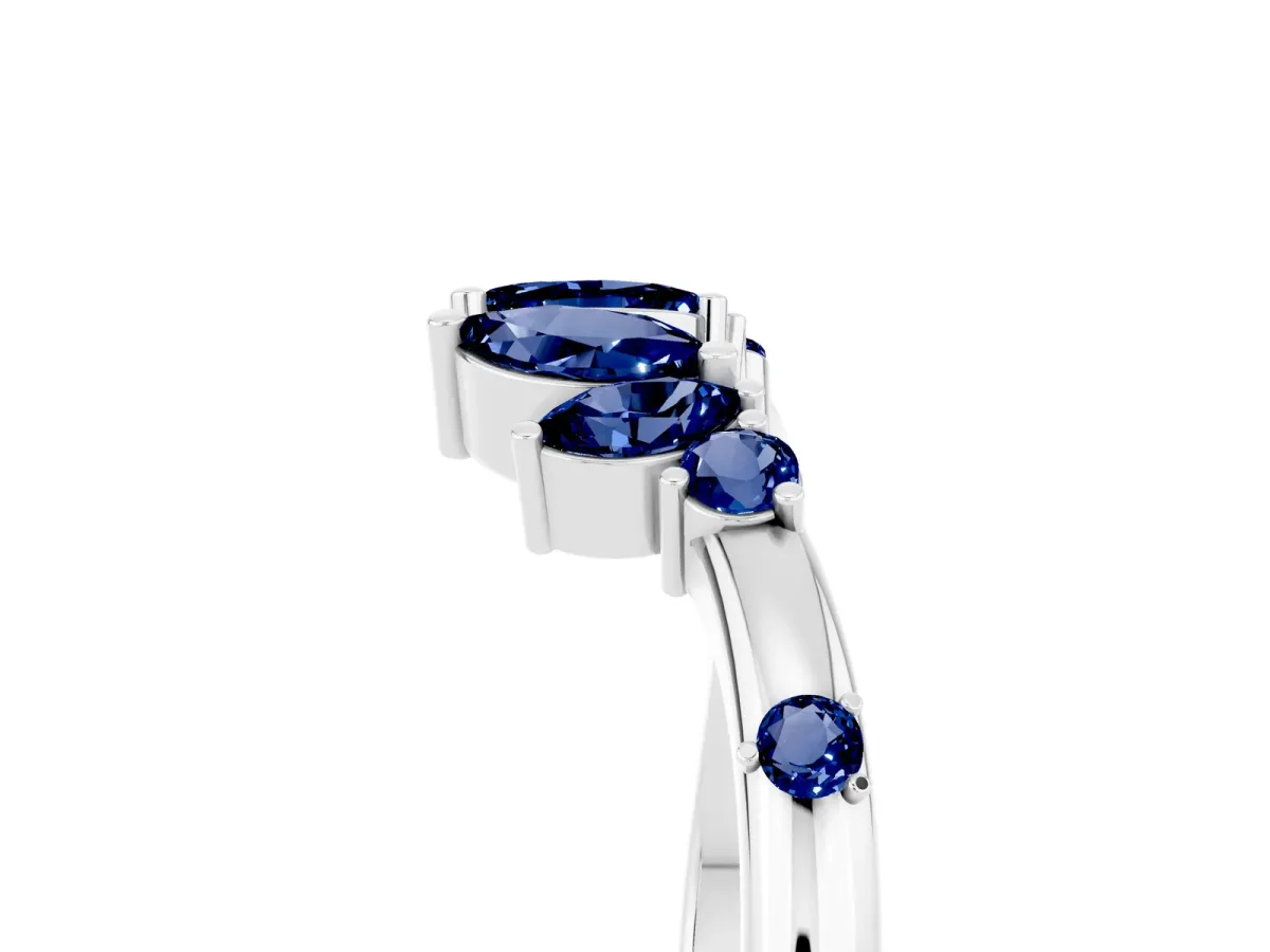 Open Marquise Cluster Blue Sapphire Band with Prong Setting White gold