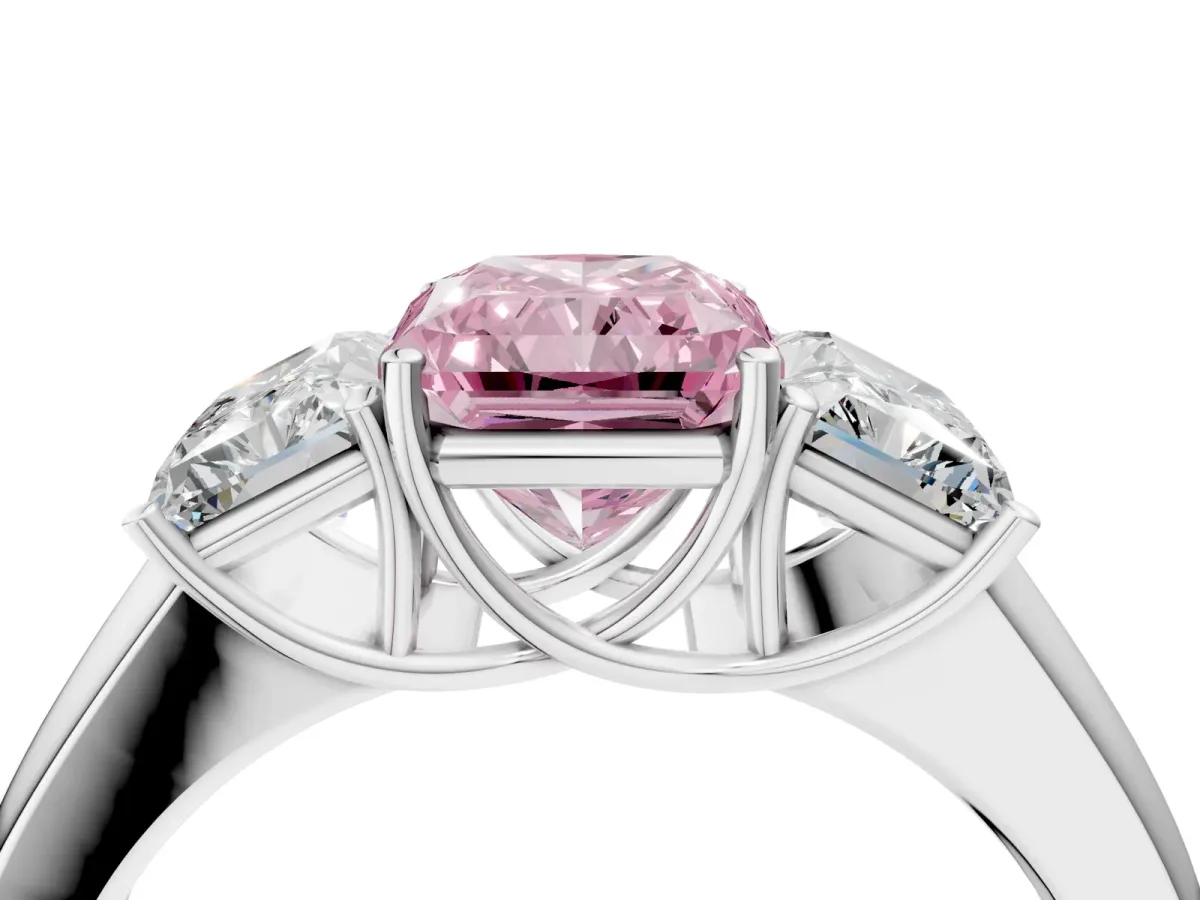 Fancy Pink Three-Stone Radiant Cut Cut Diamond Ring with Prong Setting and Classic Band Platinum