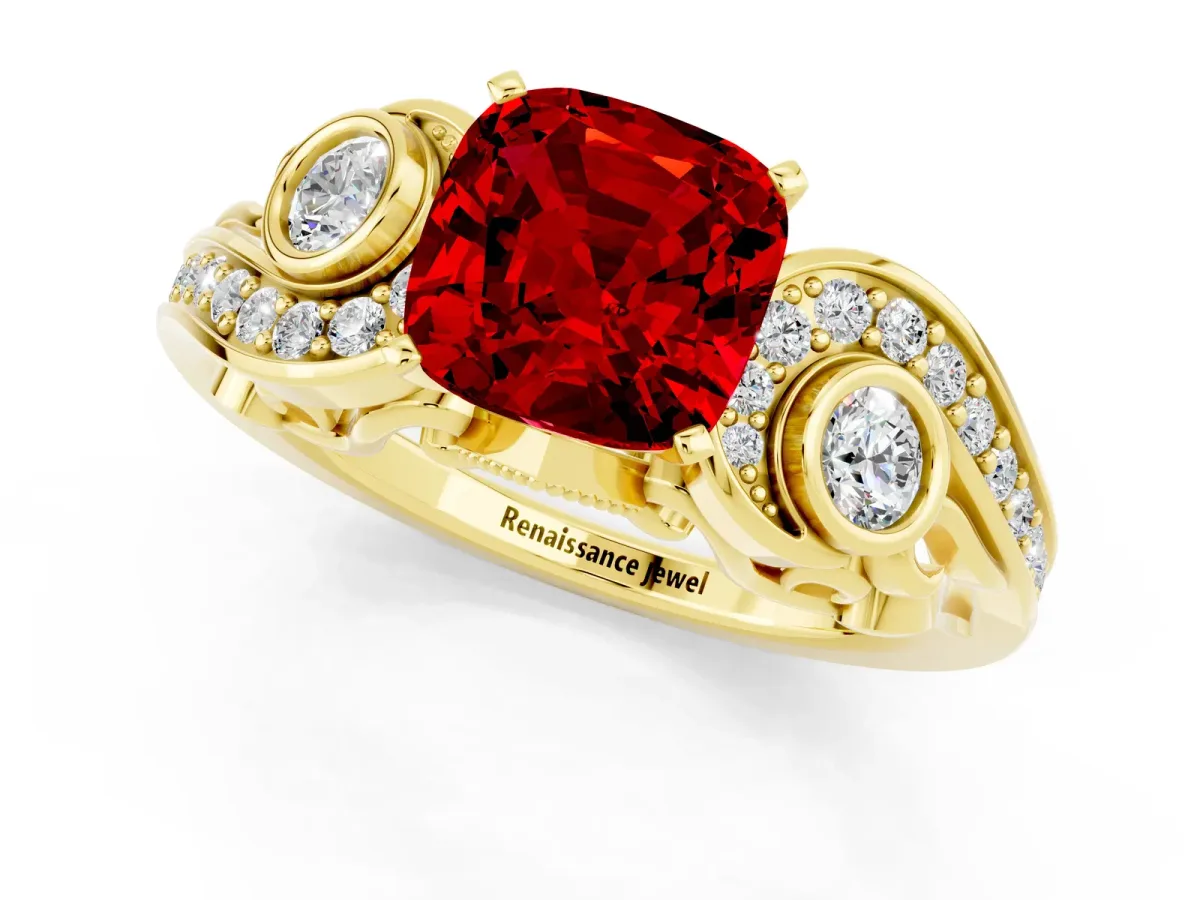 Cushion Cut Ruby Solitaire Ring with Milgrain Pavé Band and Four-Prong Setting Yellow gold