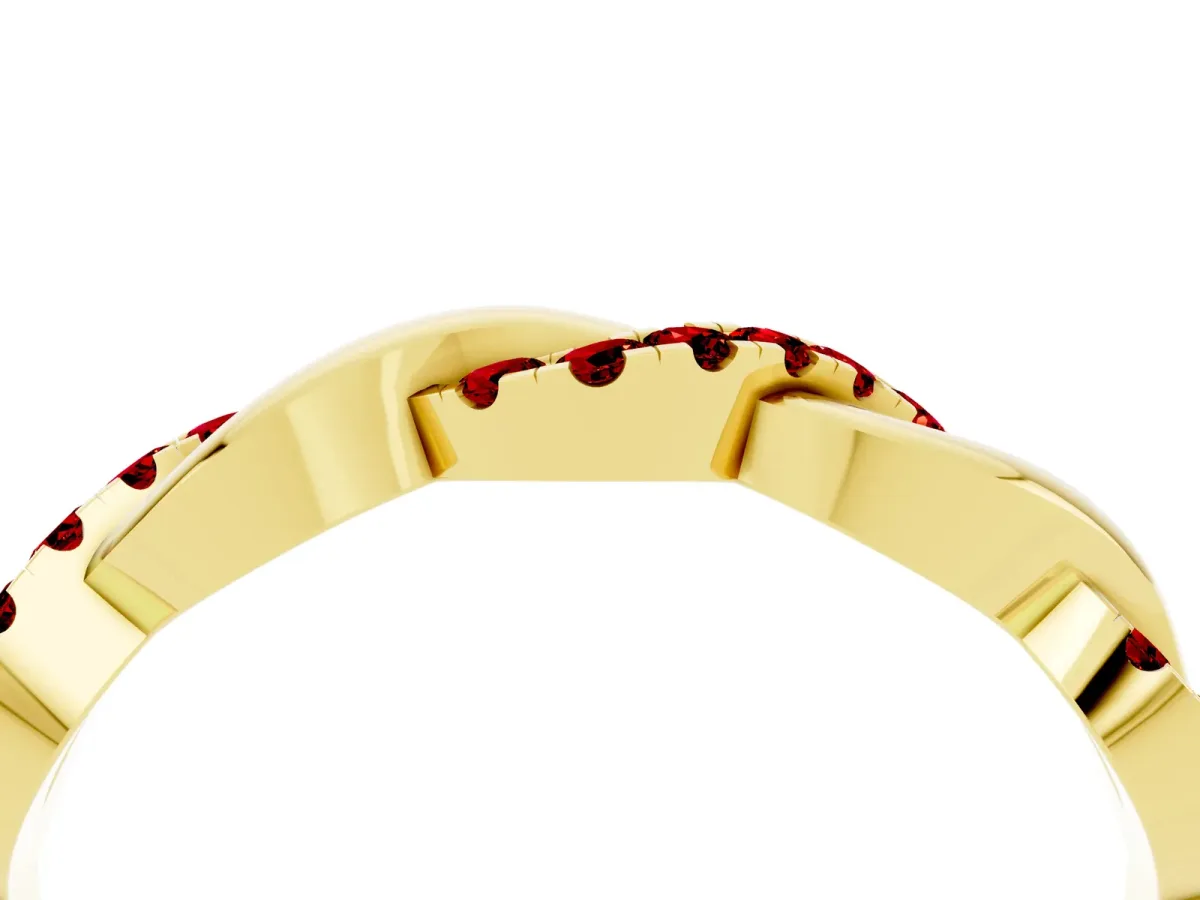 Pavé Round Ruby Twist Eternity Band with Shared Prong Setting Yellow gold