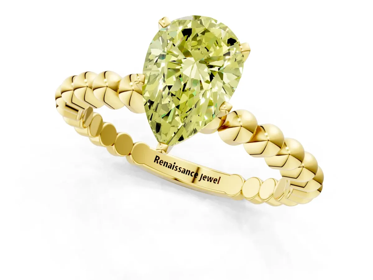 Fancy Yellow Pear Cut Diamond Solitaire Ring with Beaded Band and Prong Setting Yellow gold