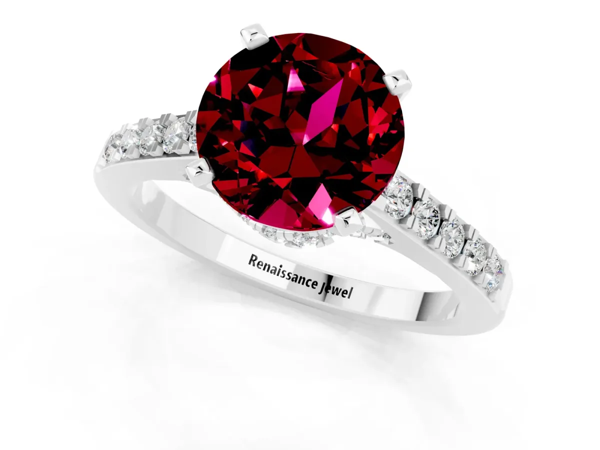Round Cut Garnet Solitaire Ring with Crossover Gallery and Round Pavé Band Silver