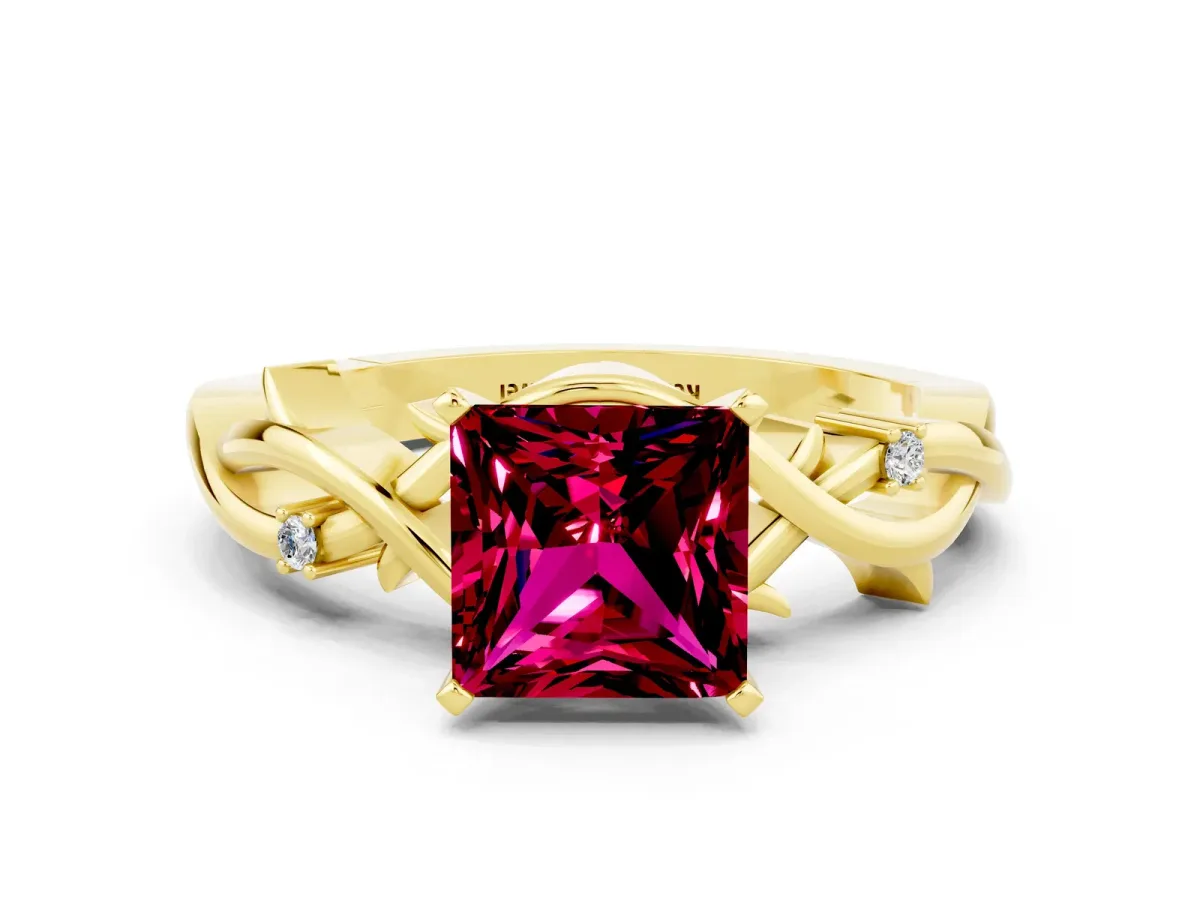 Princess Cut Garnet Solitaire Ring with Twisted Band and Prong Setting Yellow gold