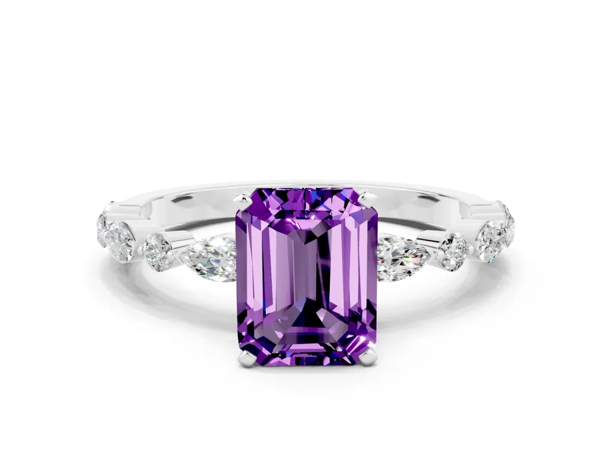 Emerald Cut Amethyst Ring with Marquise and Round Side Stones and Four-Prong Setting Silver
