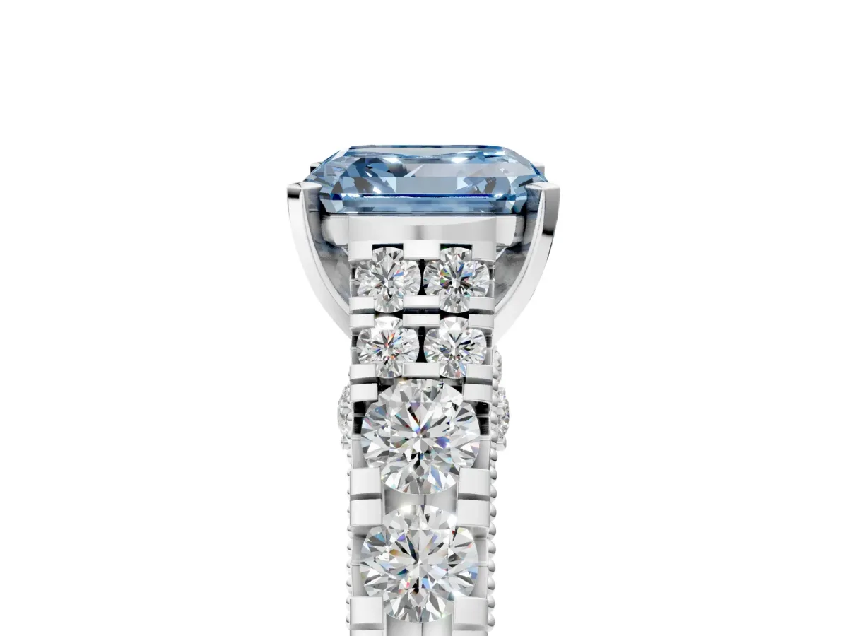Fancy Blue Asscher Cut Diamond Classic Solitaire Ring with Pavé Band and Four-Prong Setting Platinum