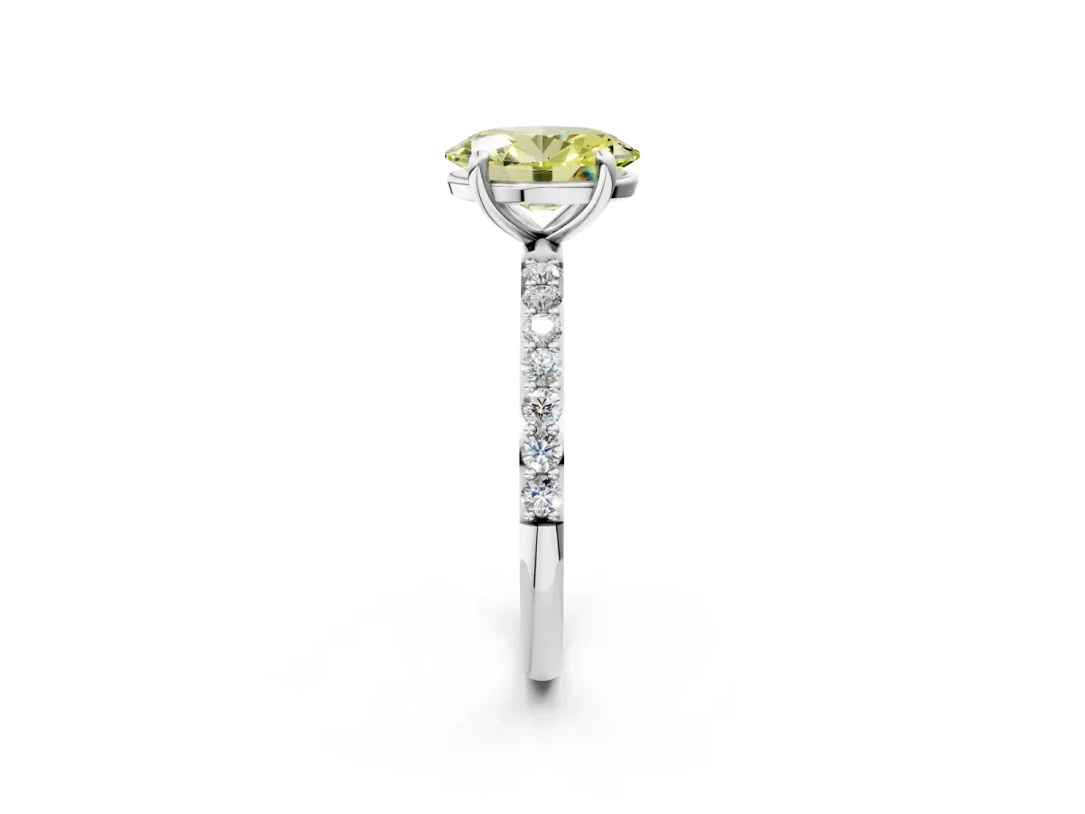 Fancy Yellow Oval Cut Diamond Solitaire Ring with Round Pavé Band and Prong Setting Silver