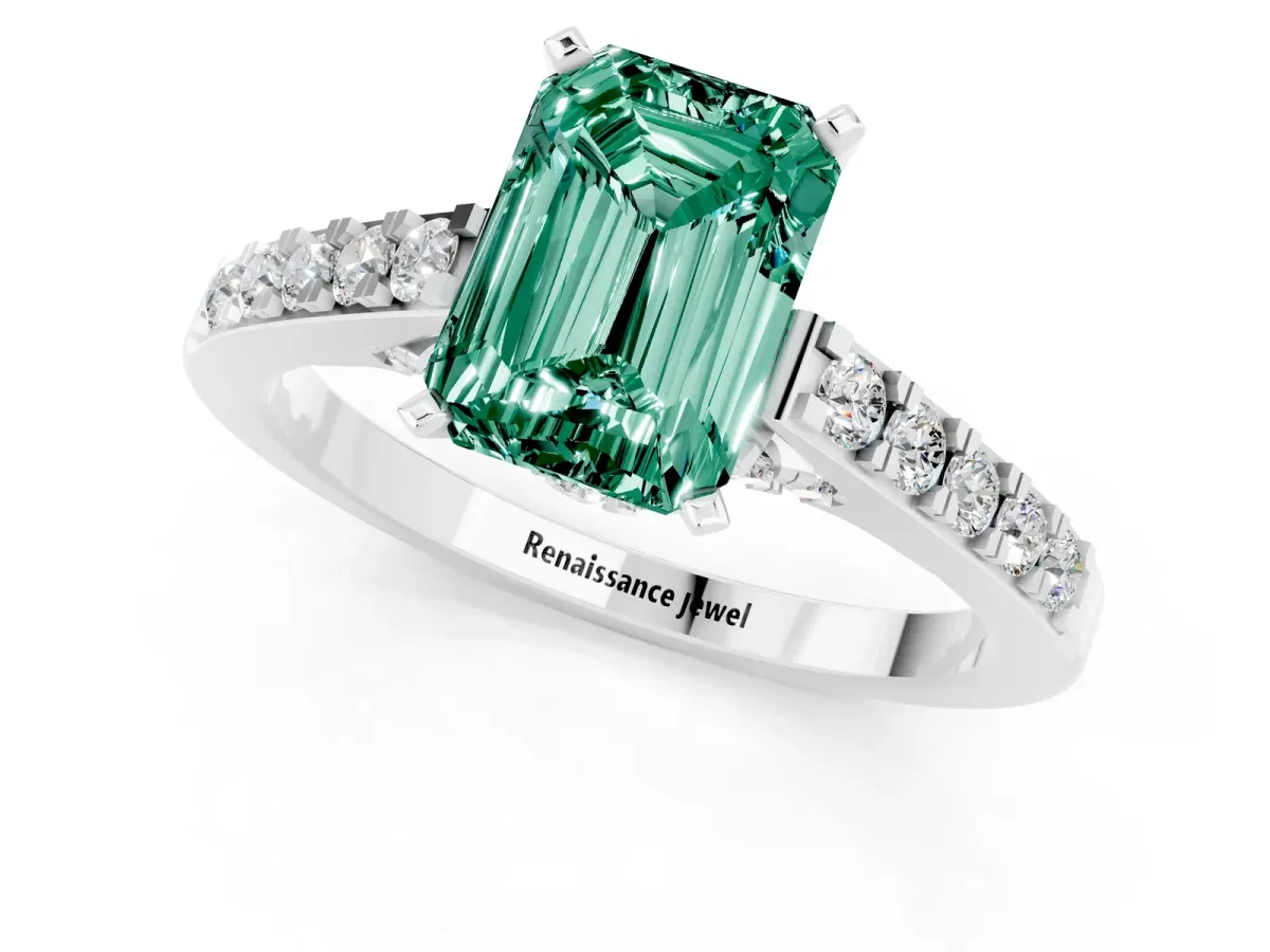 Emerald Cut Green Sapphire Solitaire Ring with Crossover Gallery and Round Pavé Band Silver