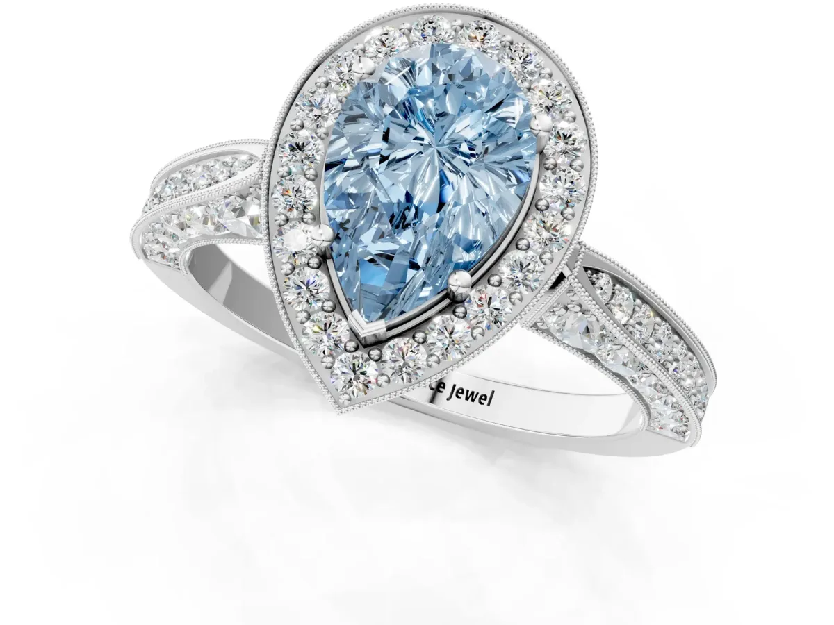 Fancy Blue Pear Cut Halo Diamond Engagement Ring with Split Shank Band and Four-Prong Setting Platinum