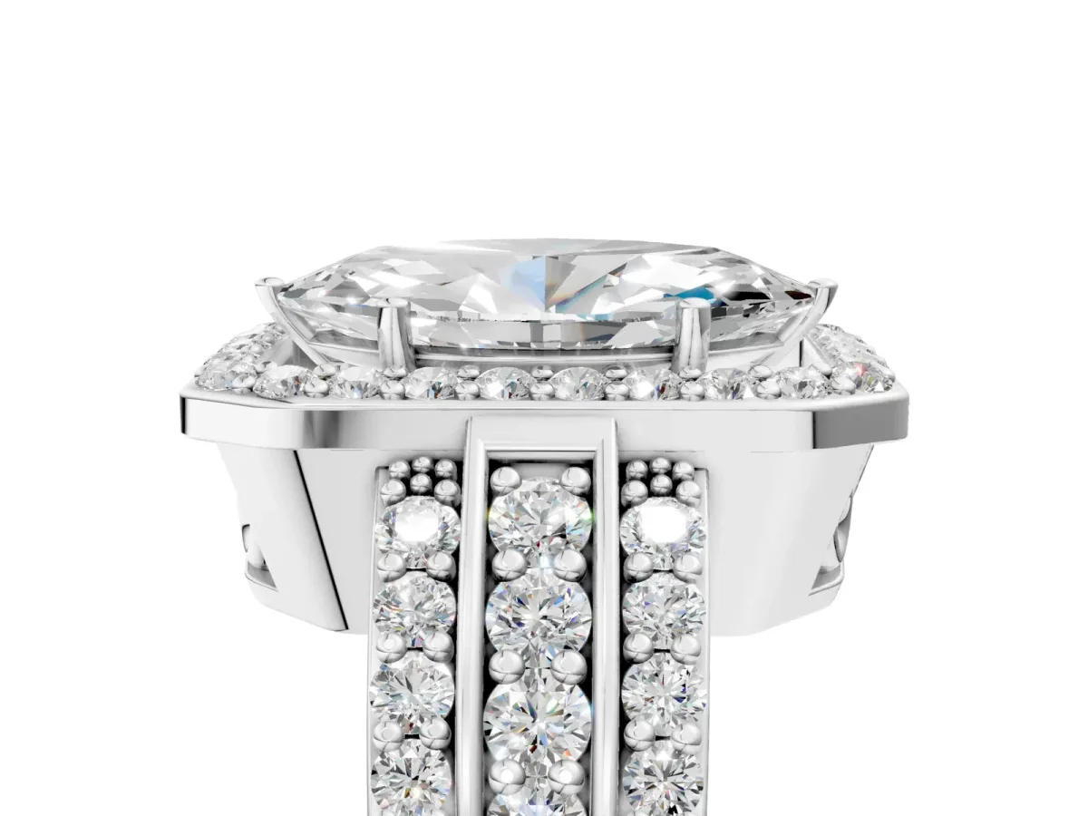 Marquise Cut Halo Diamond Ring with Round Split Shank and Prong Setting Platinum