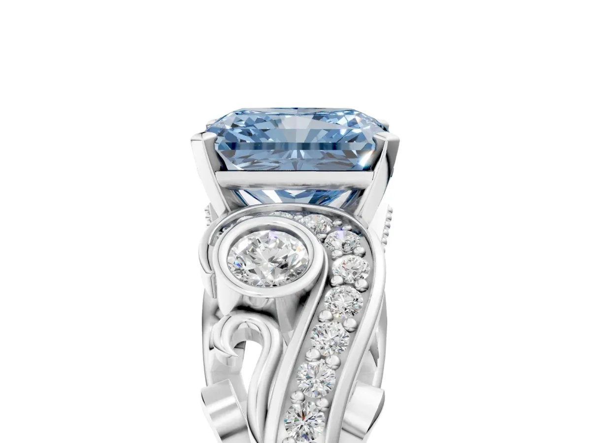 Fancy Blue Radiant Cut Diamond Solitaire Ring with Milgrain Pavé Band and Four-Prong Setting Silver