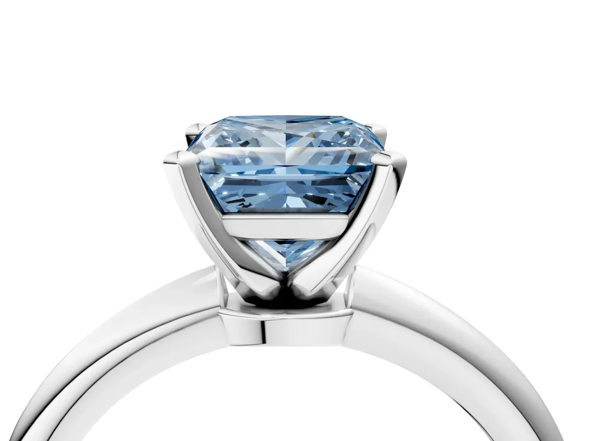 Fancy Blue Princess Cut Diamond Solitaire Ring with Six-Prong Setting and Classic Band Silver
