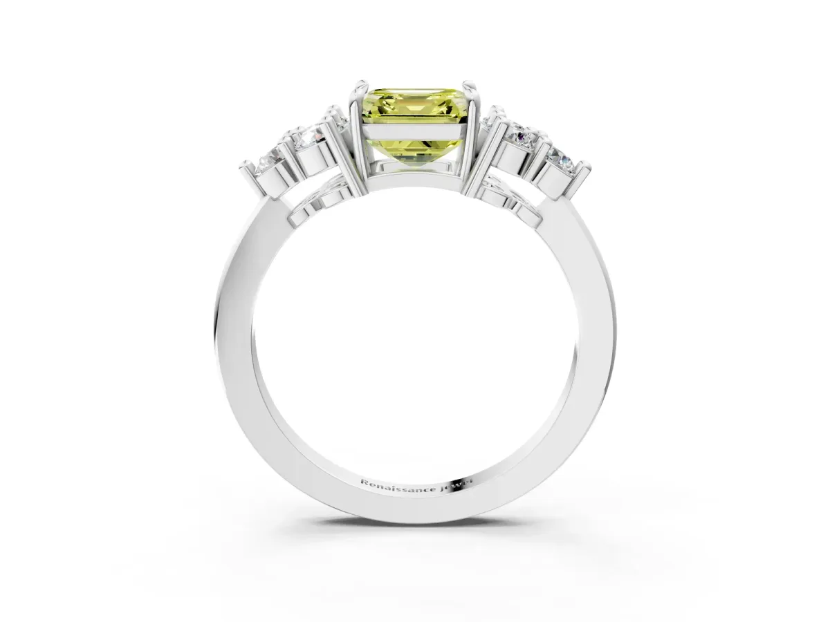 Fancy Yellow Asscher Cut Brilliant Diamond Cluster Accent Solitaire Ring with Prong Setting Platinum