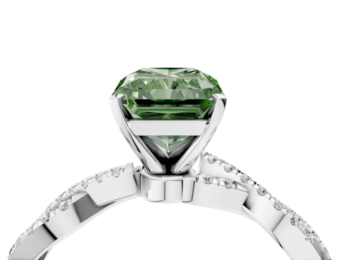 Fancy Green Radiant Cut Solitaire Twisted Pave Band with Four-Prong Setting Platinum