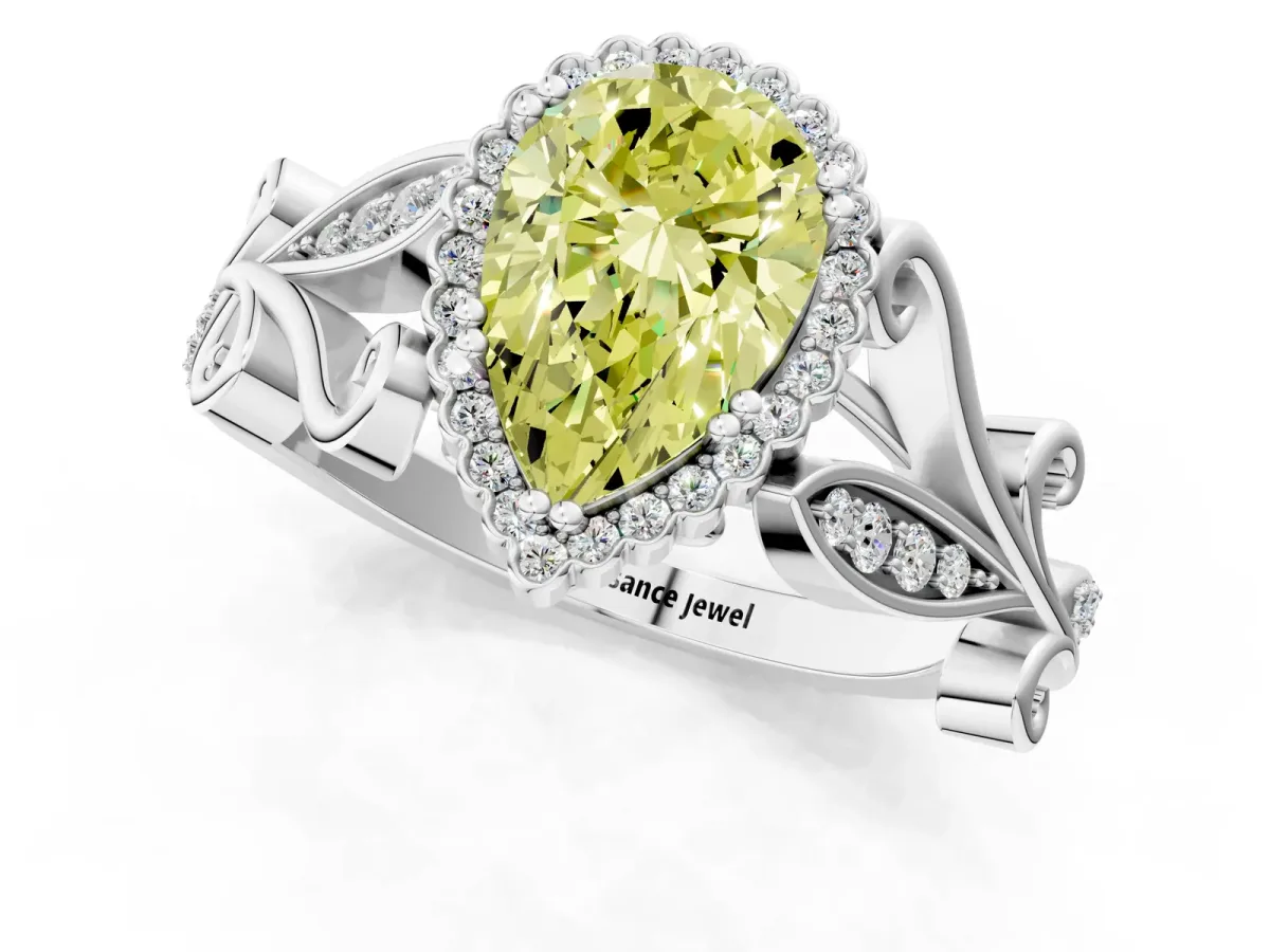 Fancy Yellow Pear Cut Diamond Halo Ring with Vintage Split Shank and Four-Prong Setting Platinum