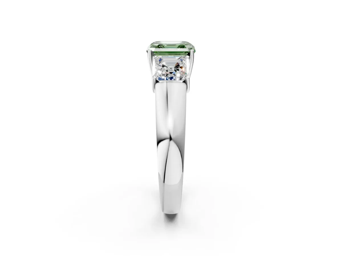 Fancy Green Three-Stone Asscher Cut Cut Diamond Ring with Prong Setting and Classic Band Platinum