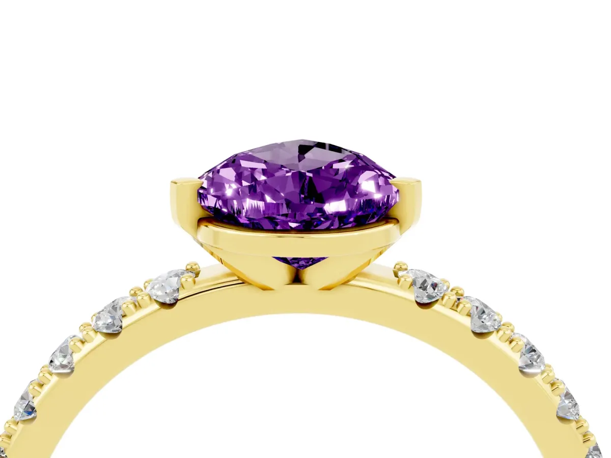 Pear Cut Amethyst Solitaire Pavé Band with Four-Prong Setting Yellow gold