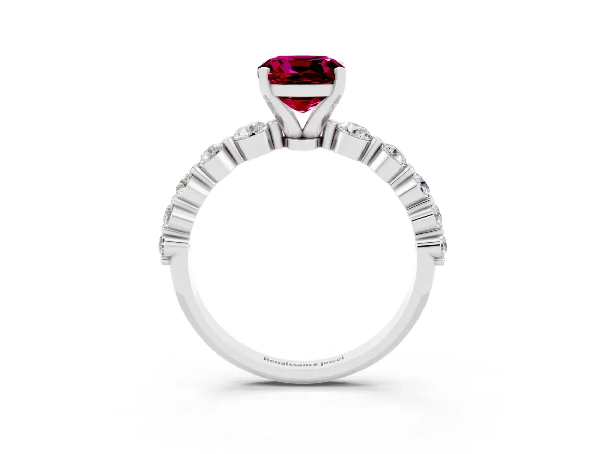 Cushion Cut Solitaire Garnet Ring with Pave Band and Four-Prong Setting Platinum