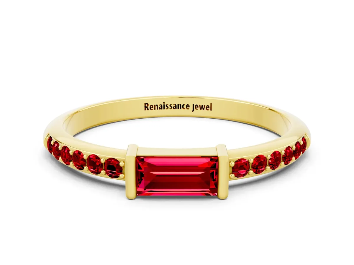 Baguette Ruby Pavé Band with Bar Setting Yellow gold