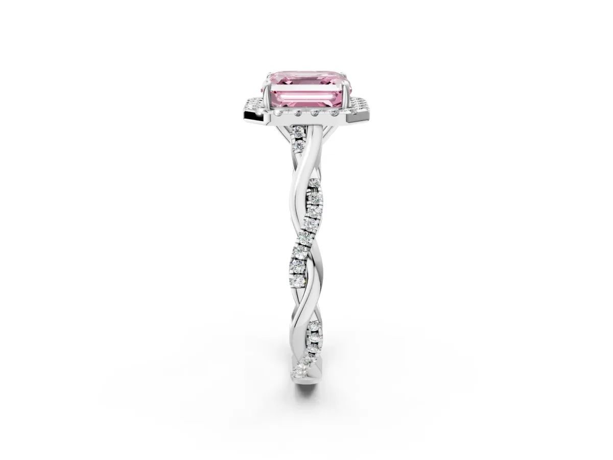 Fancy Pink Asscher Cut Halo Twist Band Solitaire Ring Platinum