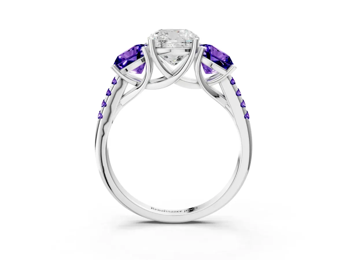 Three-Stone Cushion Cut Diamond Ring with Round Tanzanite Pavé Band and Prong Setting Silver