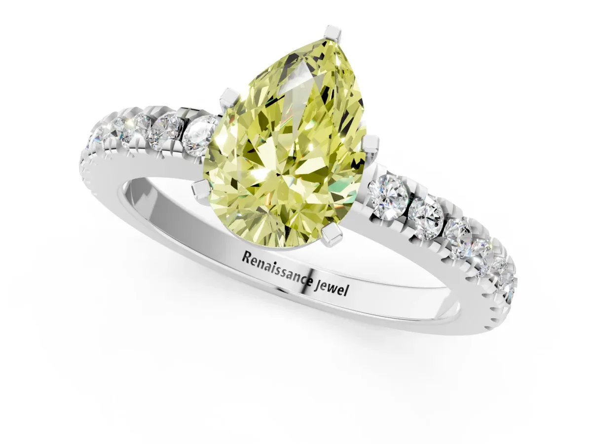Fancy Yellow Pear Cut Solitaire Diamond with Pavé Band and Four-Prong Setting Silver