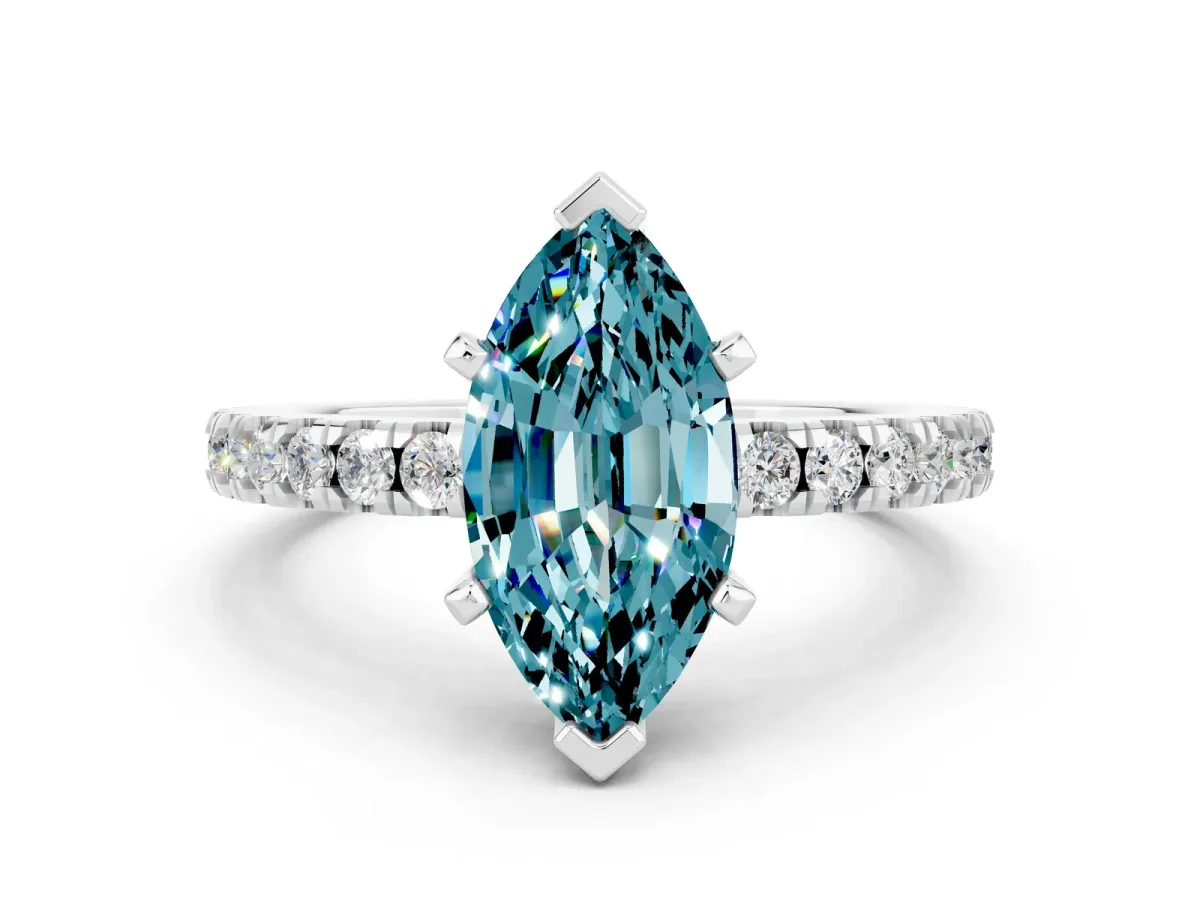Marquise Cut Solitaire Blue Topaz with Pavé Band and Four-Prong Setting Silver