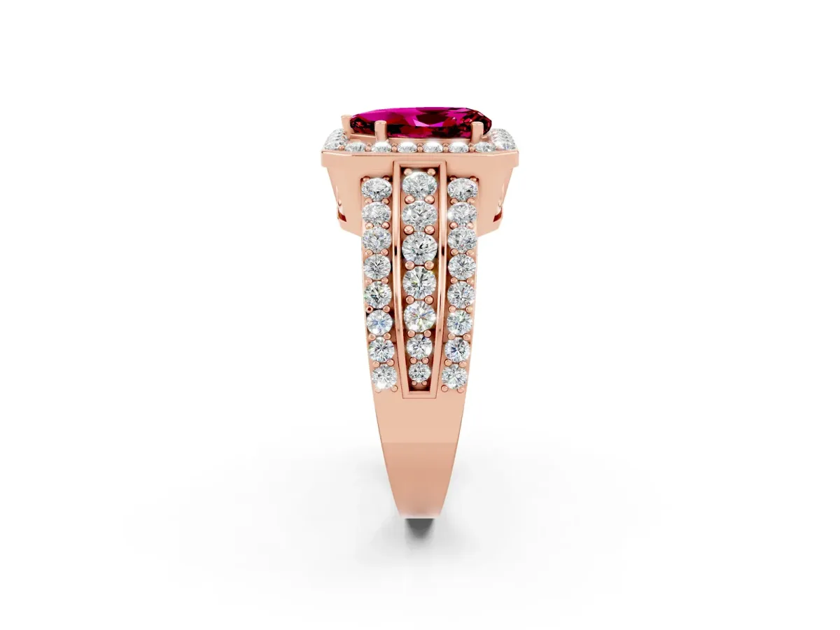 Pear Cut Halo Garnet Ring with Round Split Shank and Prong Setting Rose gold