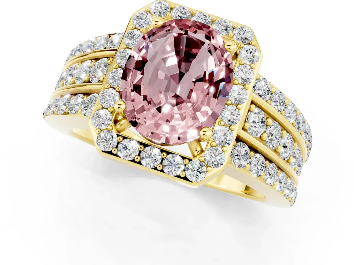 Oval Cut Halo Morganite Ring with Round Split Shank and Prong Setting Yellow gold