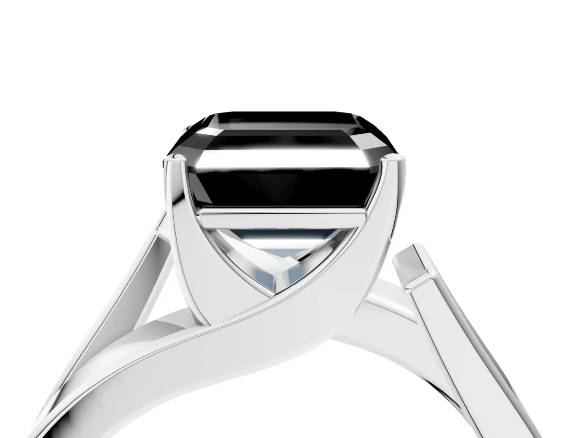 Fancy Black Modern Tension Set Asscher Cut Diamond Solitaire Wide Band Ring Silver