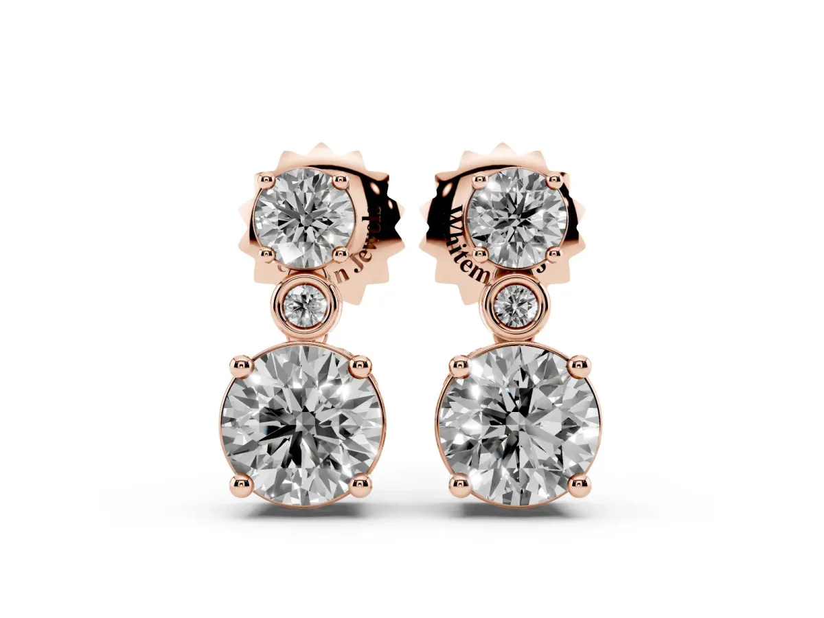 Round Diamond Two Stone Drop Earrings with Bezel Diamond Accent Rose gold