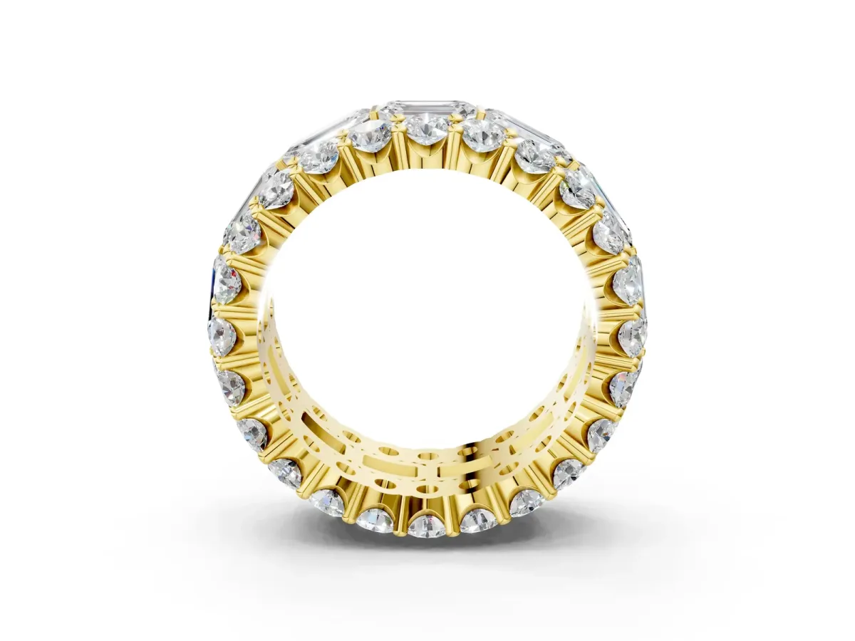 Emerald Cut and Round Diamond Three-Row Eternity Mens Band Yellow gold