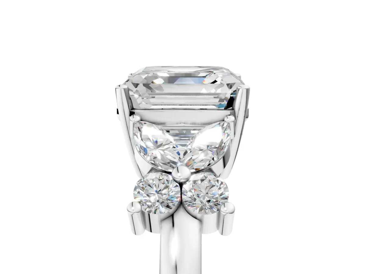 Asscher Cut Diamond Floral Cluster Ring with Solitaire Band and Prong Setting Platinum