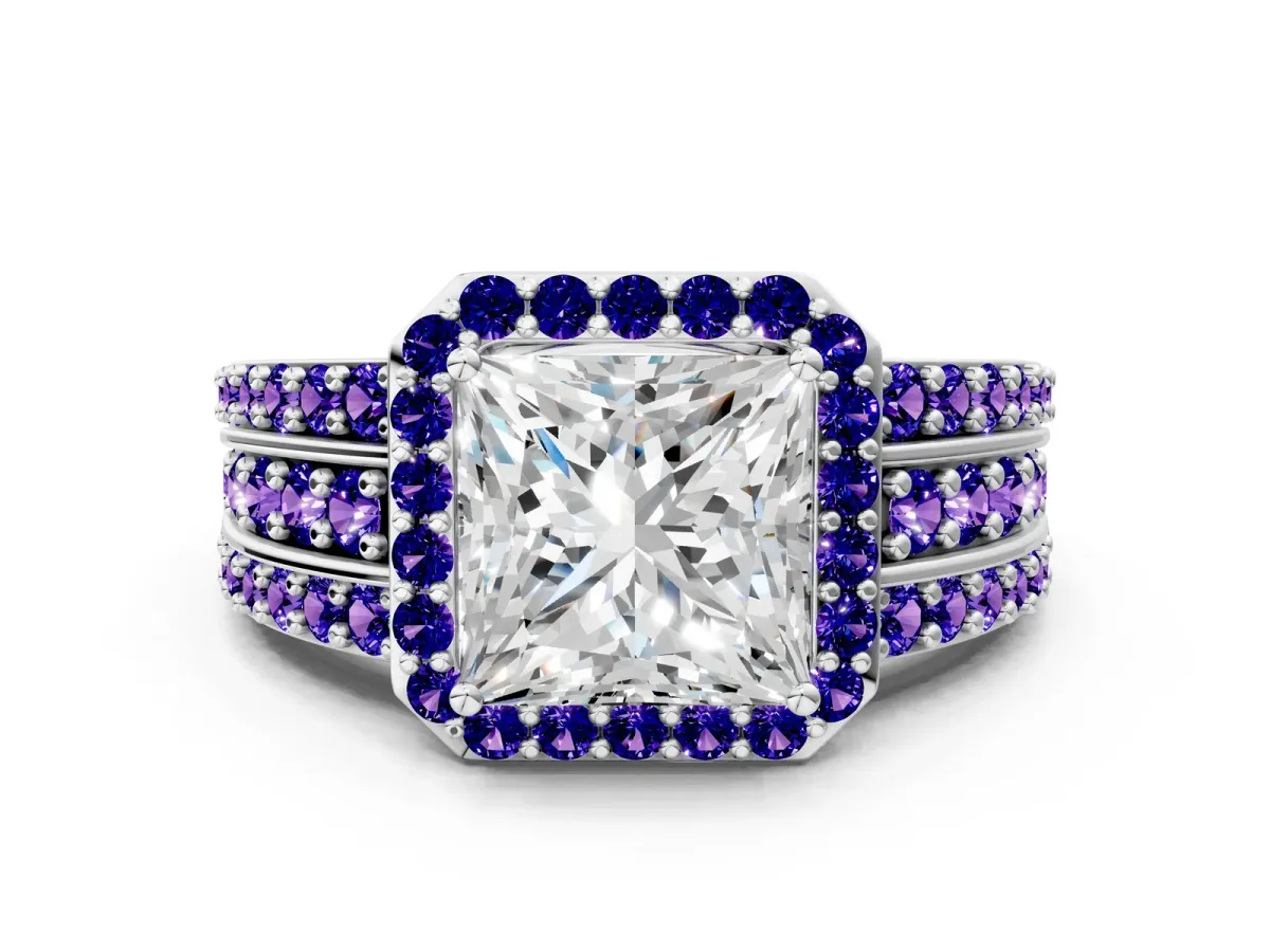 Princess Cut Halo Diamond Ring with Round Tanzanite Split Shank and Prong Setting Silver