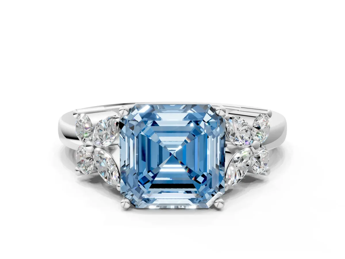 Fancy Blue Asscher Cut Diamond Floral Cluster Ring with Solitaire Band and Prong Setting Platinum