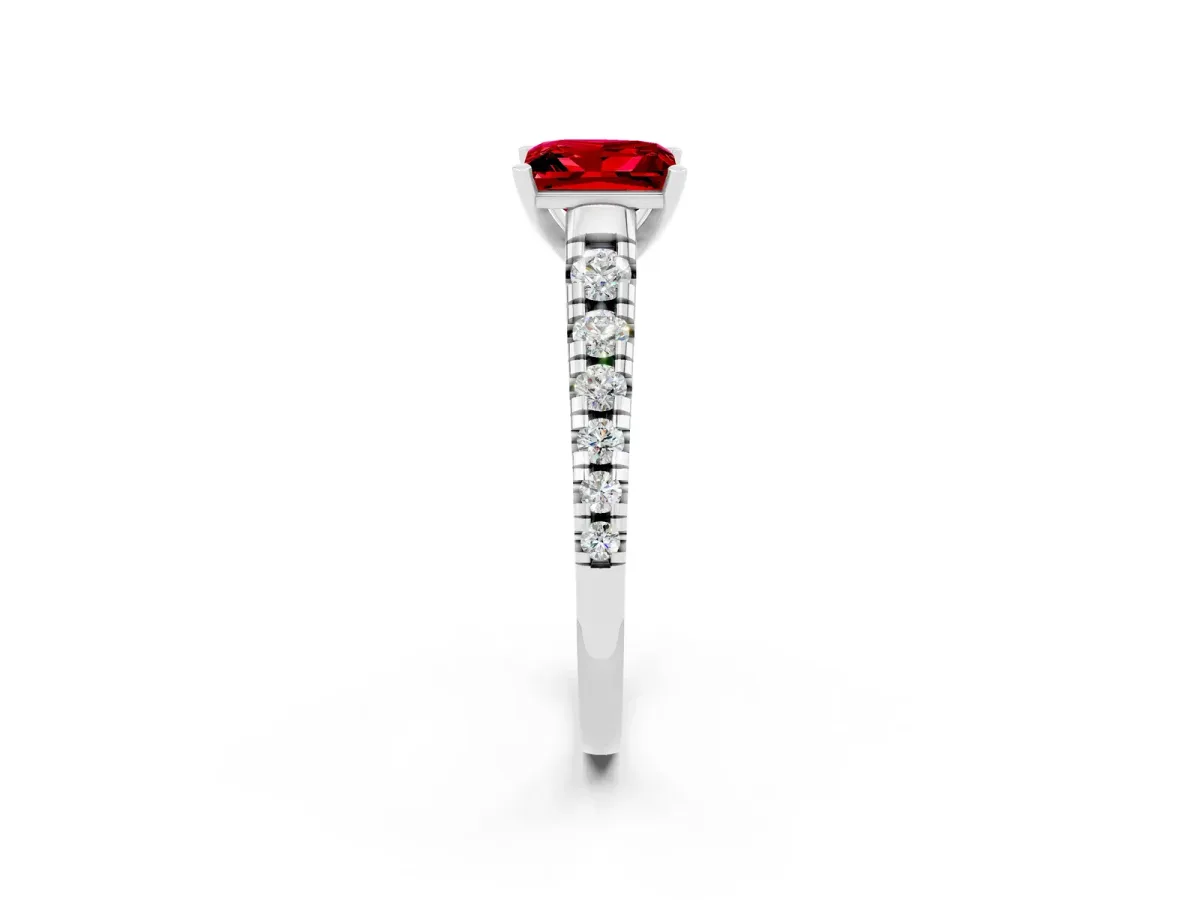 Princess Cut Ruby Cathedral Solitaire Ring with Round Pavé Band Platinum