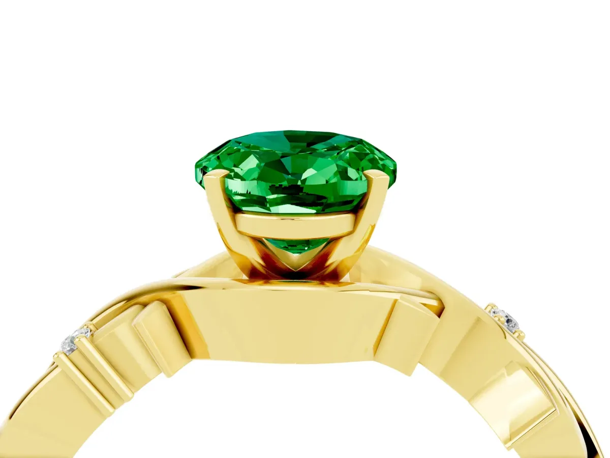 Oval Cut Emerald Solitaire Ring with Twisted Band and Prong Setting Yellow gold