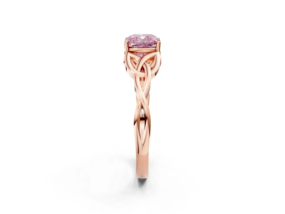 Fancy Pink Cushion Cut Diamond Solitaire Celtic Knot Ring with Four-Prong Setting Rose gold